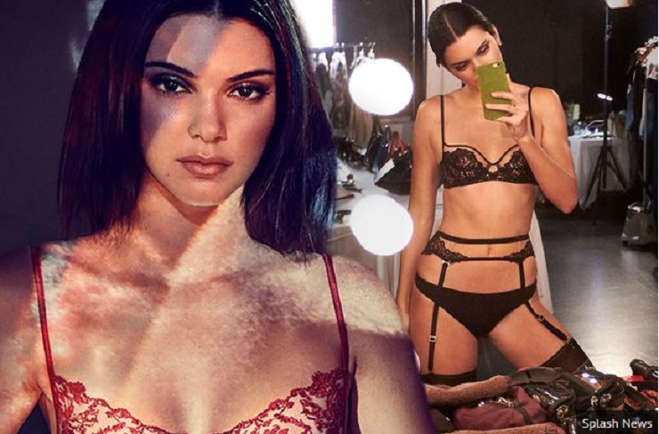 Kendall Jenner poses suggestively as she straddles a Desk in Red Lingerie for La Perla